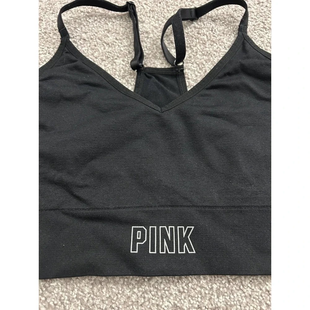 PINK Victoria's Secret Sports Bra Womens Medium Black Excellent Racerback V-Neck